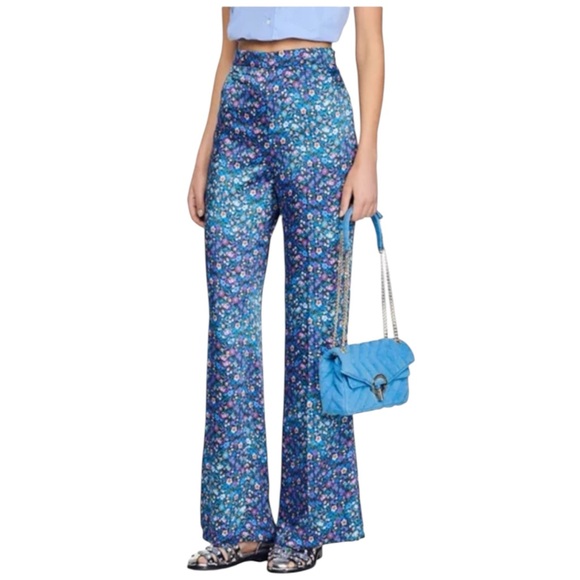 Sandro Pants - NWT Sandro Donelo Satin Floral Flare Pants in Blue Multi Size XS